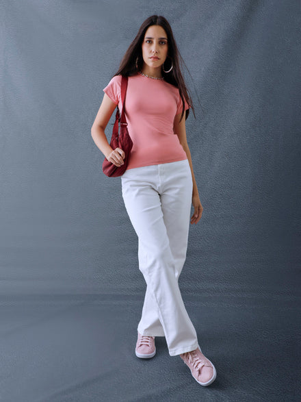 Women Premium Ultra High Waist Classic Straight Fit Cotton Stretch White Jeans