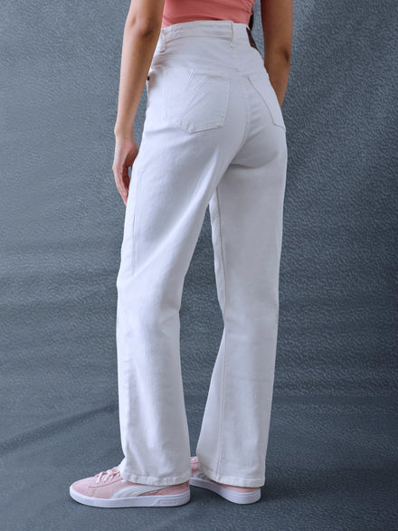 Women Premium Ultra High Waist Classic Straight Fit Cotton Stretch White Jeans