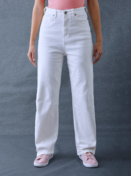 Women Premium Ultra High Waist Classic Straight Fit Cotton Stretch White Jeans