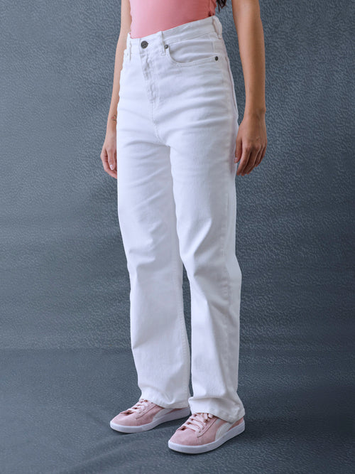 Women Premium Ultra High Waist Classic Straight Fit Cotton Stretch White Jeans