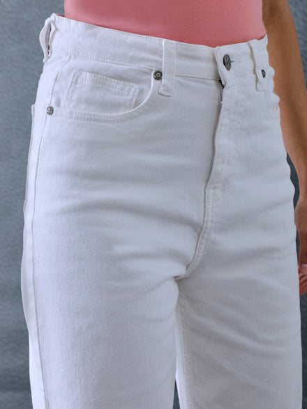 Women Premium Ultra High Waist Classic Straight Fit Cotton Stretch White Jeans