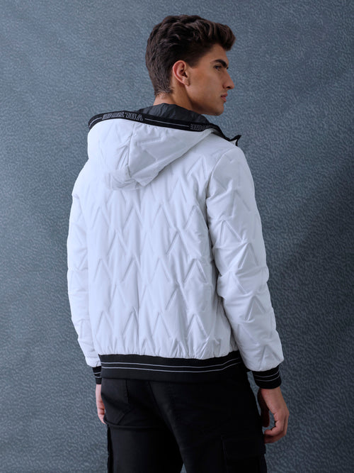 Men Regular Fit White V Structured Hooded Full Sleeve Jacket