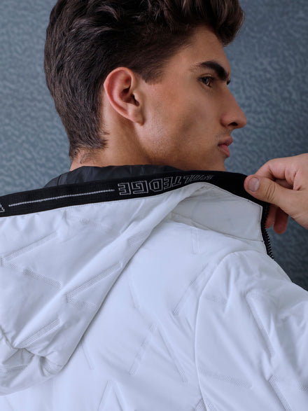 Men Regular Fit White V Structured Hooded Full Sleeve Jacket
