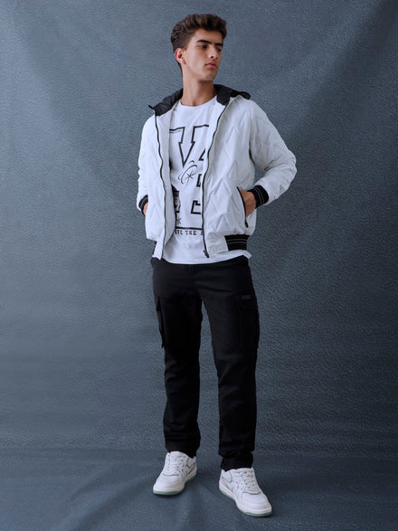 Men Regular Fit White V Structured Hooded Full Sleeve Jacket