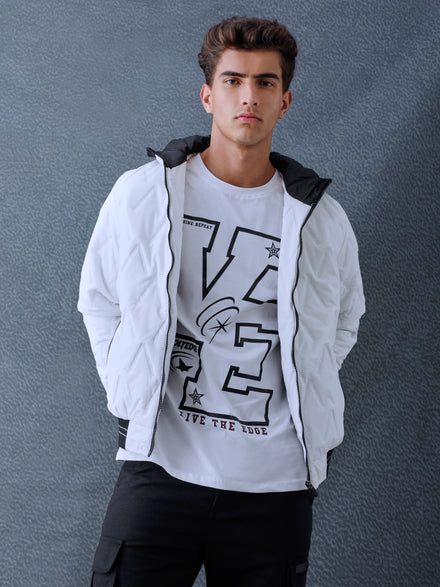 Men Regular Fit White V Structured Hooded Full Sleeve Jacket