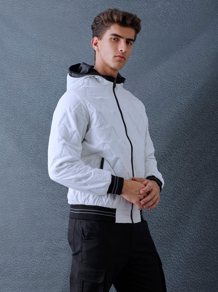 Men Regular Fit White V Structured Hooded Full Sleeve Jacket