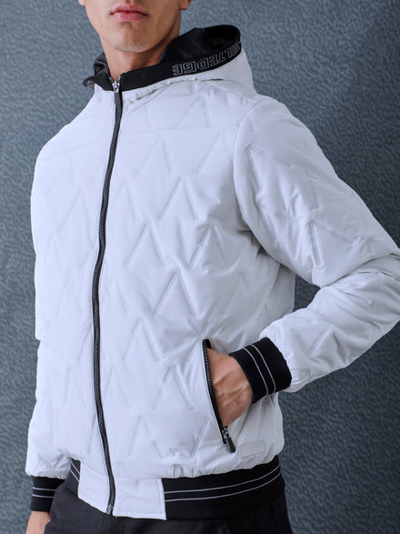 Men Regular Fit White V Structured Hooded Full Sleeve Jacket