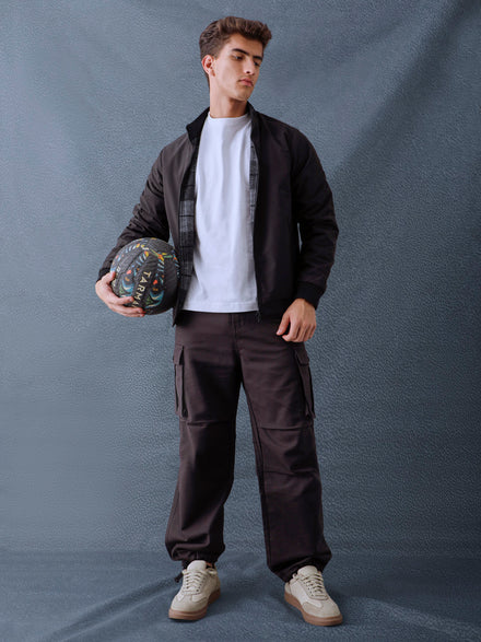 Men Regular Fit Black Charcoal Check Reversible Full Sleeve Jacket