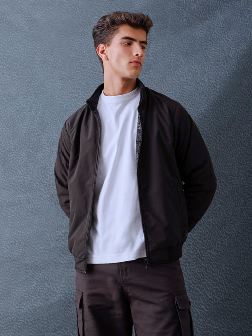 Men Regular Fit Black Charcoal Check Reversible Full Sleeve Jacket