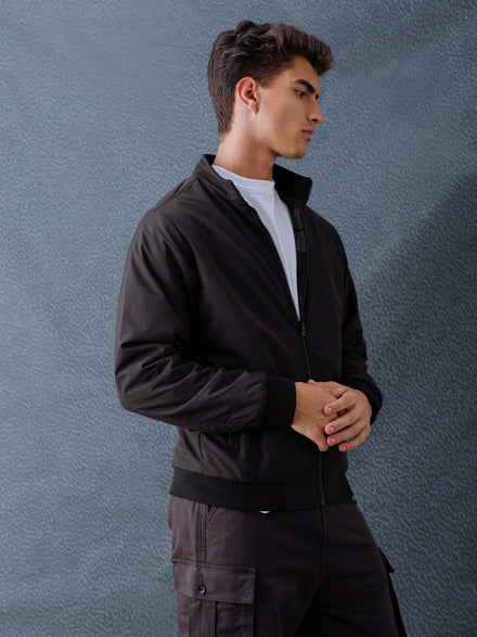 Men Regular Fit Black Charcoal Check Reversible Full Sleeve Jacket