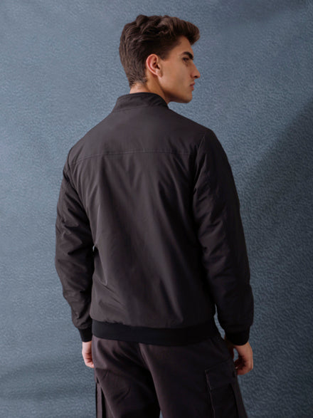 Men Regular Fit Black Charcoal Check Reversible Full Sleeve Jacket