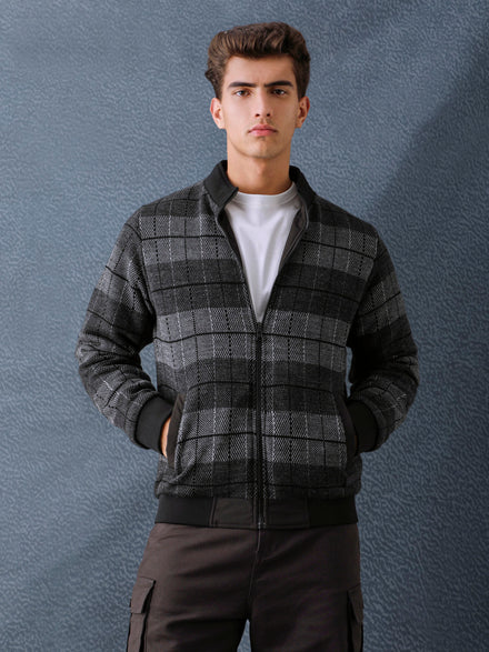Men Regular Fit Black Charcoal Check Reversible Full Sleeve Jacket