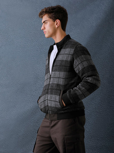 Men Regular Fit Black Charcoal Check Reversible Full Sleeve Jacket