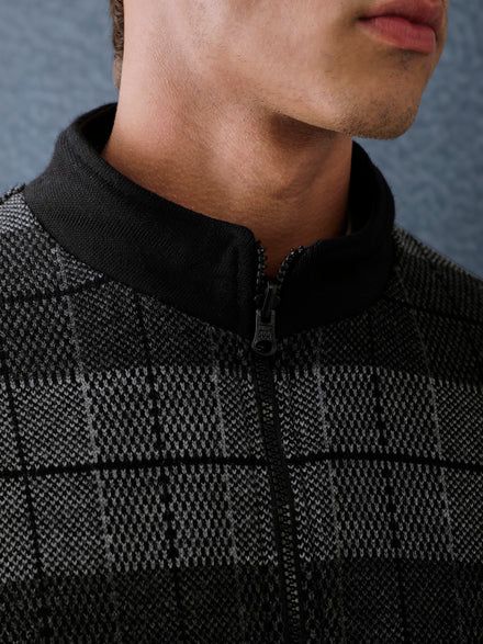 Men Regular Fit Black Charcoal Check Reversible Full Sleeve Jacket