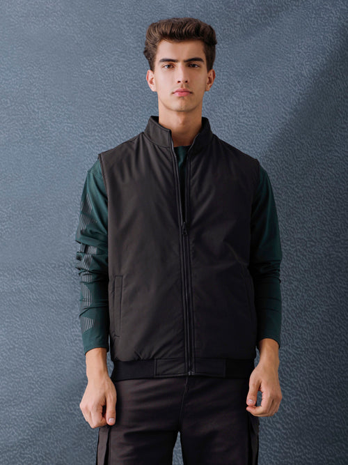 Men Regular Fit Black Grey Reversible Sleeveless Jacket