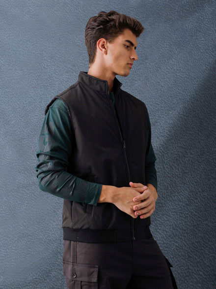 Men Regular Fit Black Grey Reversible Sleeveless Jacket