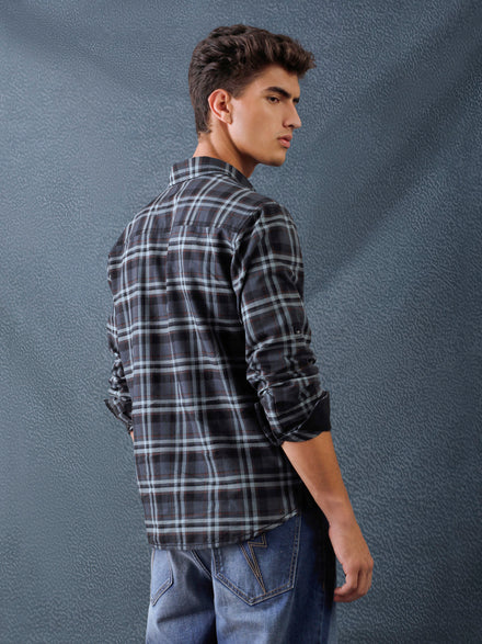 Men Relaxed Fit Charcoal Light grey Structured Checked Cotton Casual Shirt