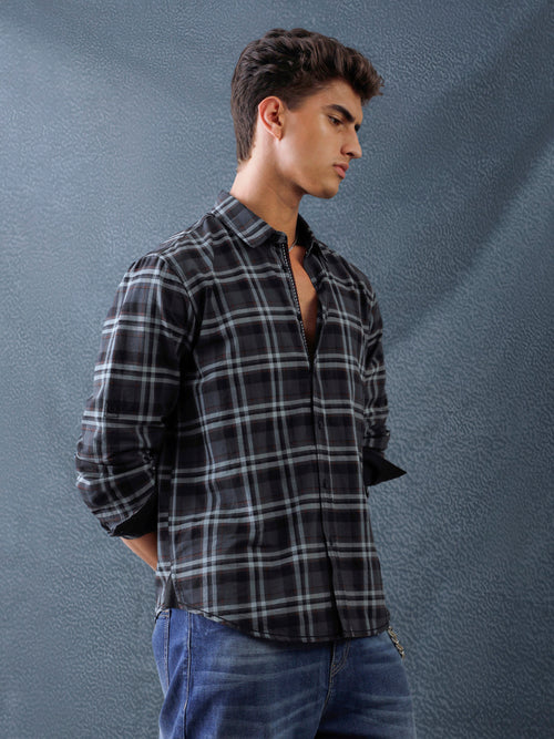 Men Relaxed Fit Charcoal Light grey Structured Checked Cotton Casual Shirt