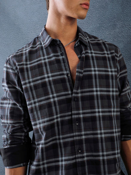 Men Relaxed Fit Charcoal Light grey Structured Checked Cotton Casual Shirt