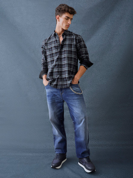 Men Relaxed Fit Charcoal Light grey Structured Checked Cotton Casual Shirt