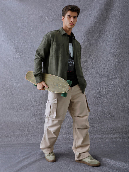 Men Relaxed Fit Full Zip Street Look Olive Textured Fabric Shacket