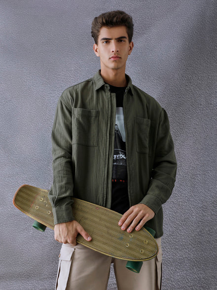 Men Relaxed Fit Full Zip Street Look Olive Textured Fabric Shacket