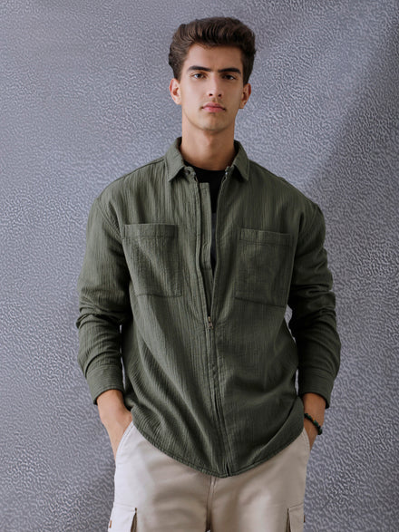 Men Relaxed Fit Full Zip Street Look Olive Textured Fabric Shacket