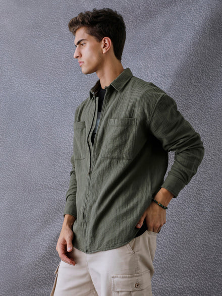 Men Relaxed Fit Full Zip Street Look Olive Textured Fabric Shacket