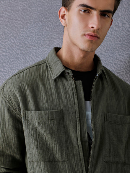 Men Relaxed Fit Full Zip Street Look Olive Textured Fabric Shacket