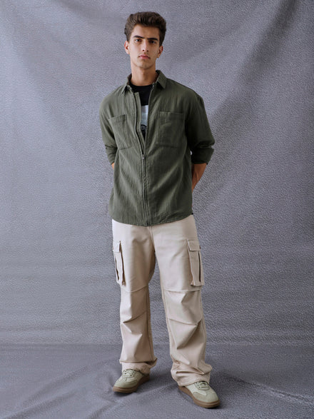 Men Relaxed Fit Full Zip Street Look Olive Textured Fabric Shacket