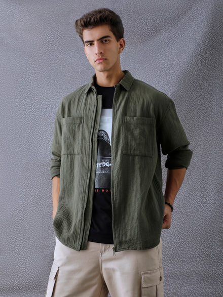 Men Relaxed Fit Full Zip Street Look Olive Textured Fabric Shacket