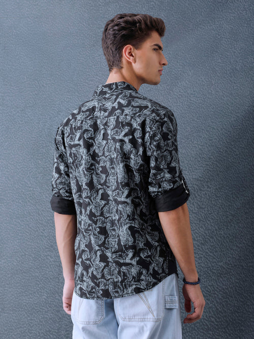 Men Relax fit Black Printed Cotton Casual Shirt
