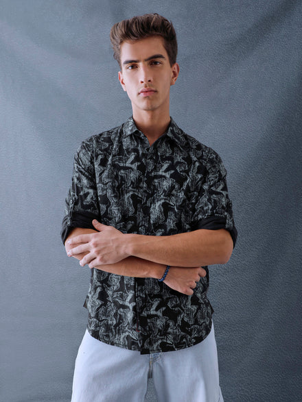 Men Relax fit Black Printed Cotton Casual Shirt