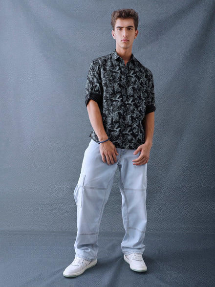 Men Relax fit Black Printed Cotton Casual Shirt
