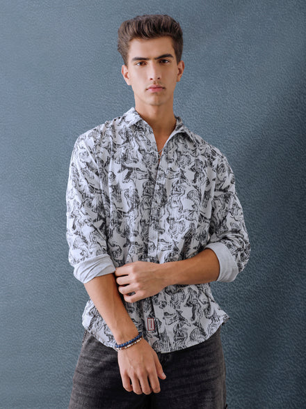 Men Relax fit White Printed Cotton Casual Shirt