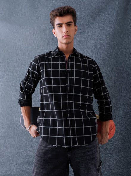 Men Relaxed Fit Black Large Checked Premium Cotton Casual Shirt