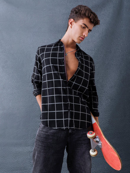 Men Relaxed Fit Black Large Checked Premium Cotton Casual Shirt