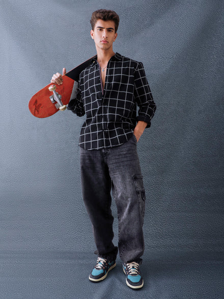 Men Relaxed Fit Black Large Checked Premium Cotton Casual Shirt