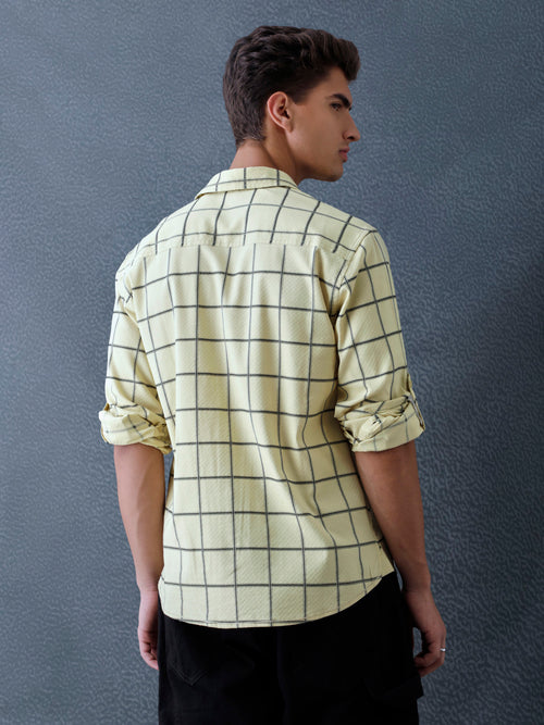 Men Relaxed Fit Light Beige Large Checked Premium Cotton Casual Shirt