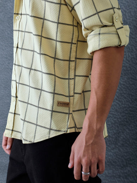 Men Relaxed Fit Light Beige Large Checked Premium Cotton Casual Shirt