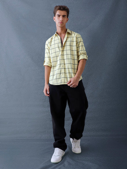 Men Relaxed Fit Light Beige Large Checked Premium Cotton Casual Shirt