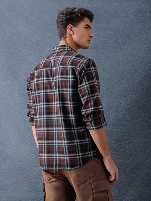 Men Relaxed Fit Brown Light grey Structured Checked Cotton Casual Shirt