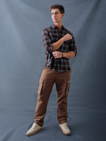 Men Relaxed Fit Brown Light grey Structured Checked Cotton Casual Shirt