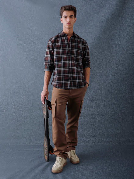 Men Relaxed Fit Brown Light grey Structured Checked Cotton Casual Shirt