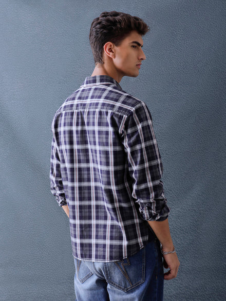 Men Relaxed Fit Navy Light Grey Small Checked Cotton Casual Shirt