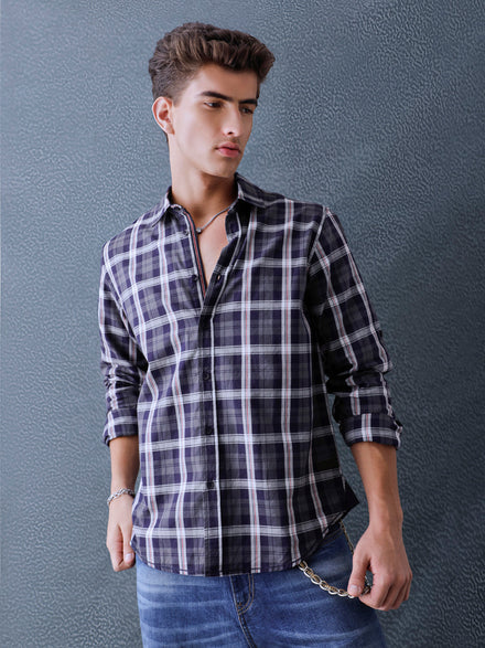 Men Relaxed Fit Navy Light Grey Small Checked Cotton Casual Shirt