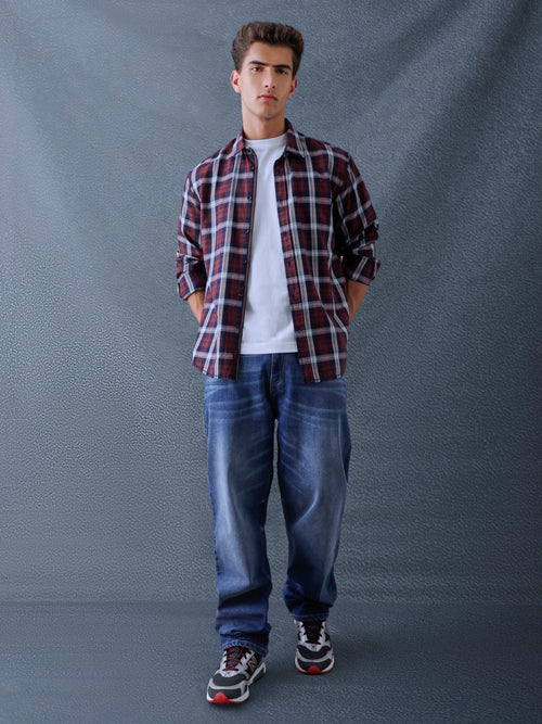 Men Relaxed Fit Navy Brown Small Checked Cotton Casual Shirt