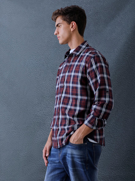 Men Relaxed Fit Navy Brown Small Checked Cotton Casual Shirt