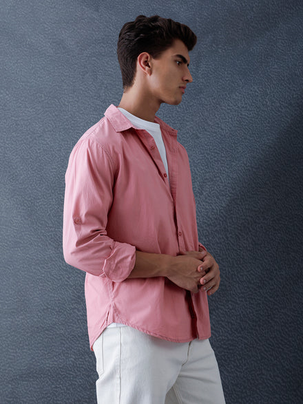 Men Relax fit Retro Coral Pink Solid Peach Cotton Casual Shirt