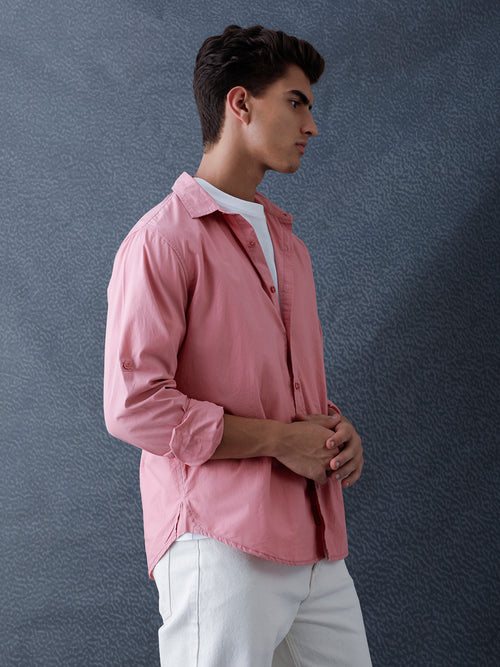 Men Relax fit Retro Coral Pink Solid Peach Cotton Casual Shirt